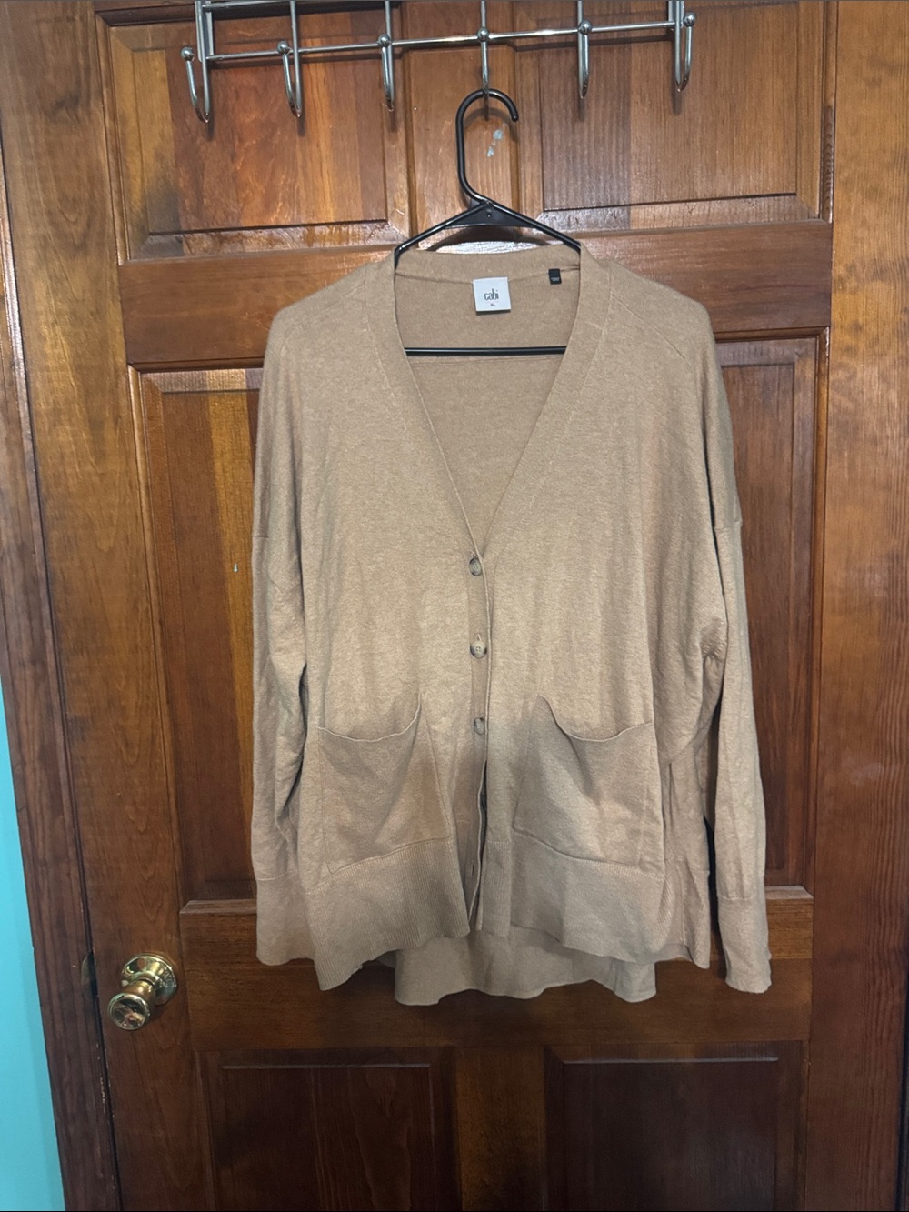 CAbi Camel Button-Front Pocket Cardigan